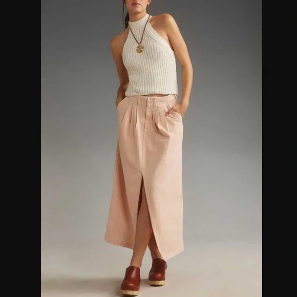Pilcro Anthropologie Pleated Slouchy Trouser Pink Maxi Skirt Middle Slit Detail - Picture 1 of 17